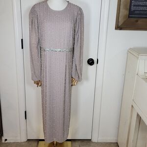 Mac Duggal 93622 Vintage Lilac Beaded Puff Sleeve Midi Dress Size 12